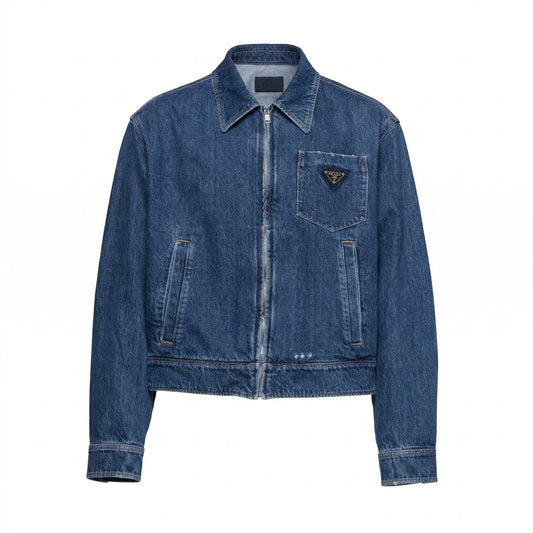 Prada denim blouson jacket in navy, front view — The Quiet Edition