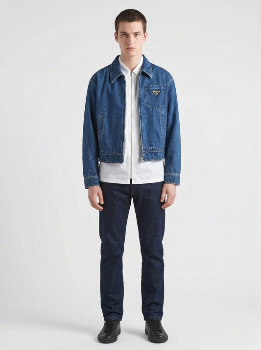 Prada denim blouson jacket in navy, model front — The Quiet Edition