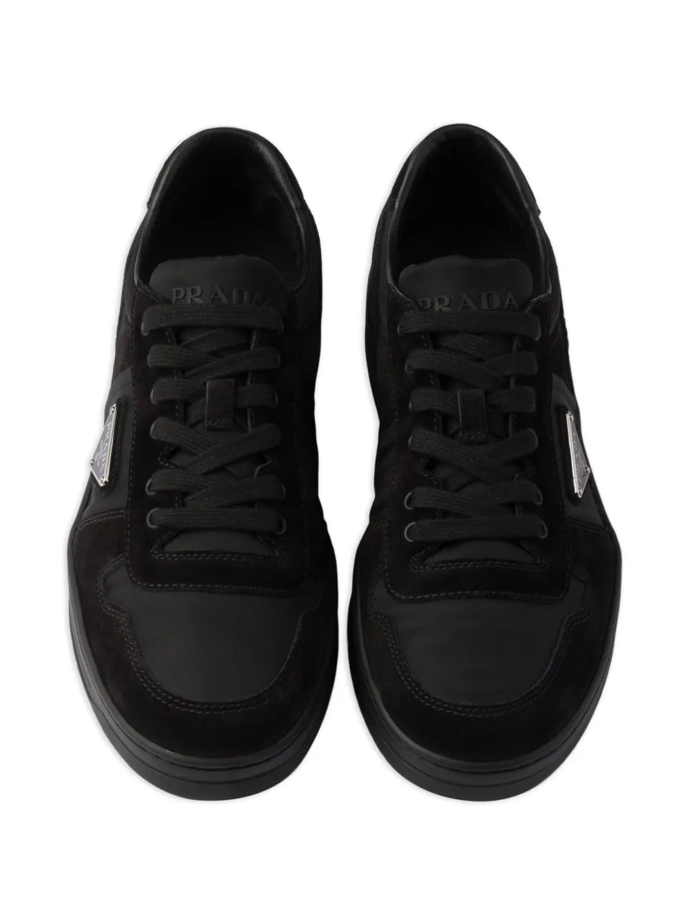 Prada Downtown Re-Nylon and Suede Sneakers in Black, angle — The Quiet Edition