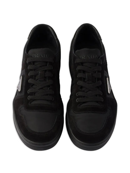 Prada Downtown Re-Nylon and Suede Sneakers in Black, angle — The Quiet Edition