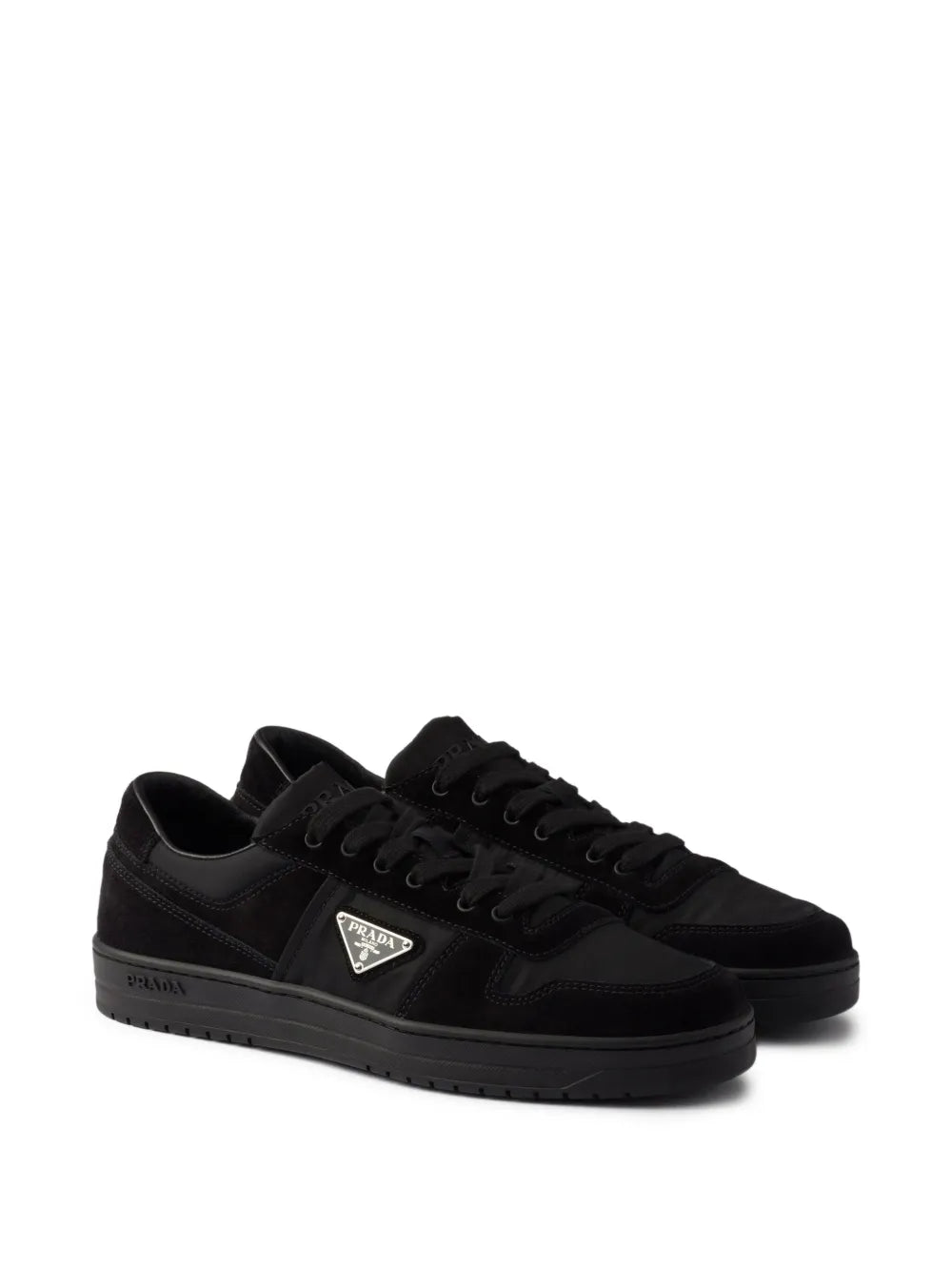 Prada Downtown Re-Nylon and Suede Sneakers in Black, back — The Quiet Edition