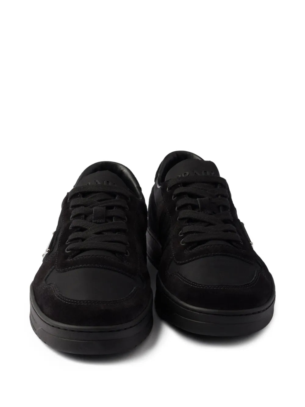 Prada Downtown Re-Nylon and Suede Sneakers in Black, detail — The Quiet Edition