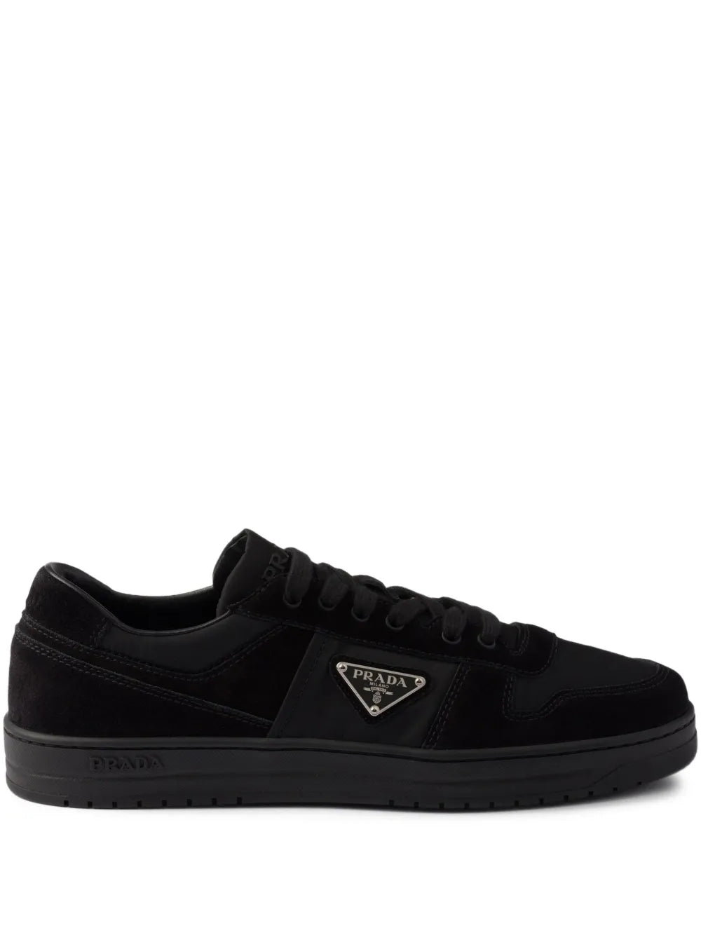 Prada Downtown Re-Nylon and Suede Sneakers in Black, front — The Quiet Edition