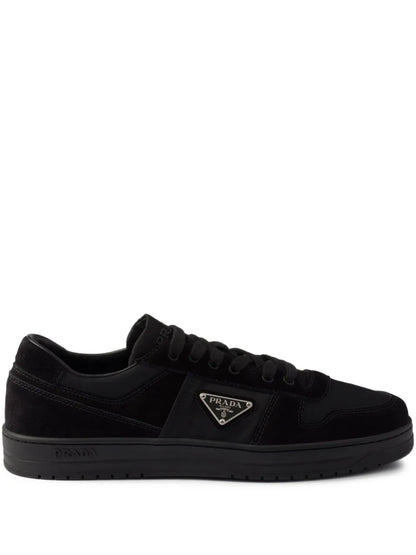 Prada Downtown Re-Nylon and Suede Sneakers in Black, front — The Quiet Edition