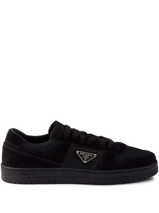 Prada Downtown Re-Nylon and Suede Sneakers in Black, front — The Quiet Edition
