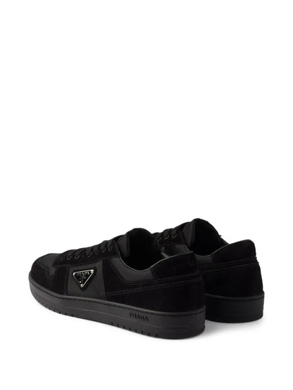 Prada Downtown Re-Nylon and Suede Sneakers in Black, side — The Quiet Edition