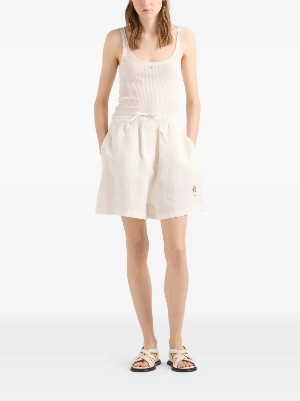 Prada Embroidered Slubbed Linen Shorts in Neutrals, back — The Quiet Edition