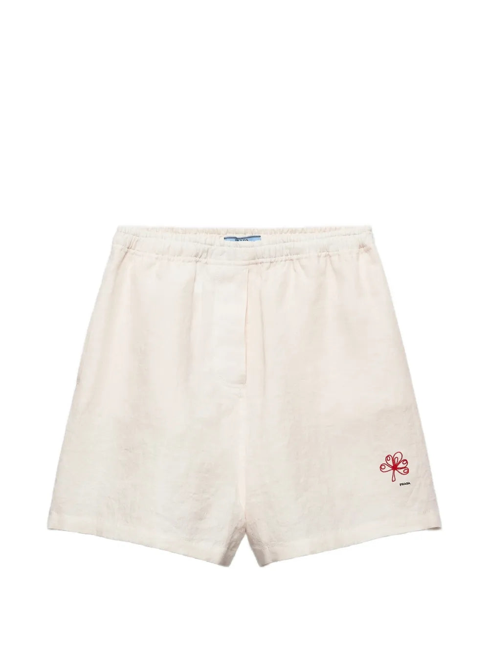 Prada Embroidered Slubbed Linen Shorts in Neutrals, front — The Quiet Edition