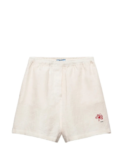Prada Embroidered Slubbed Linen Shorts in Neutrals, front — The Quiet Edition