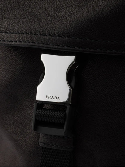 Prada Explore Leather Backpack in Black, angle — The Quiet Edition