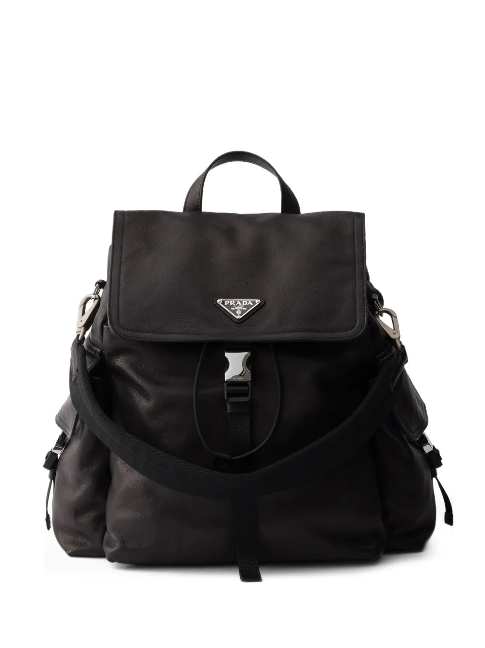 Prada Explore Leather Backpack in Black, front — The Quiet Edition