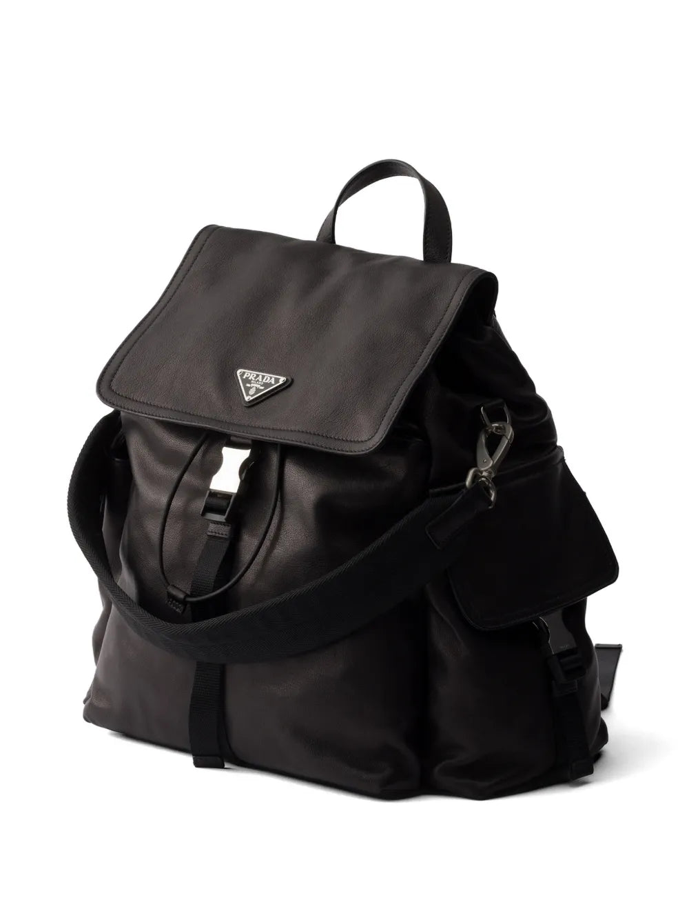 Prada Explore Leather Backpack in Black, side — The Quiet Edition