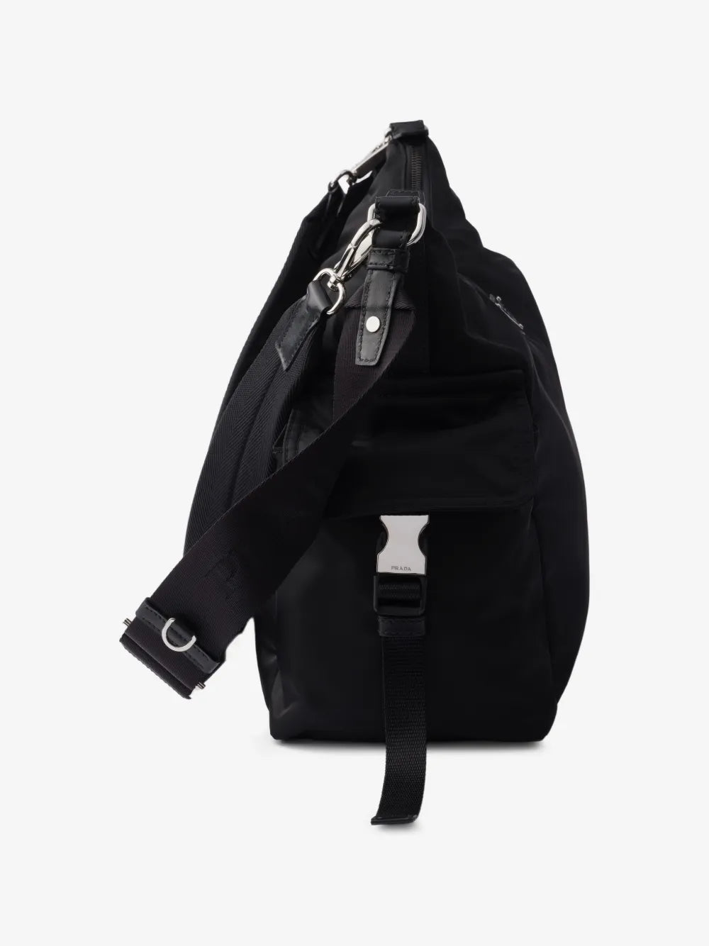 Prada Explore Logo-Plaque Tote Bag in Black, side — The Quiet Edition