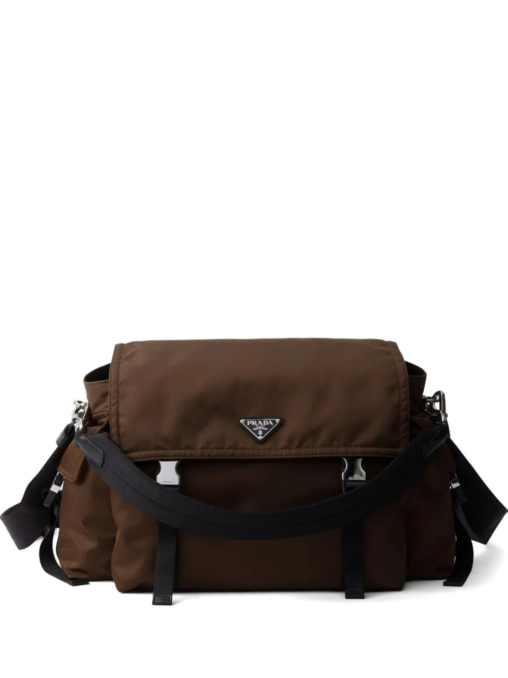 Prada Explore Re-Nylon and Leather Bag in Brown, front — The Quiet Edition