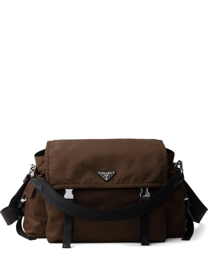 Prada Explore Re-Nylon and Leather Bag in Brown, front — The Quiet Edition