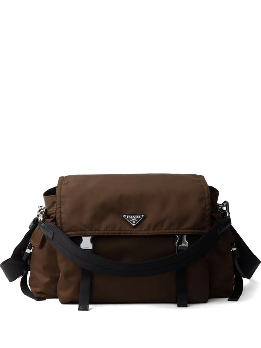 Prada Explore Re-Nylon and Leather Bag in Brown, front — The Quiet Edition