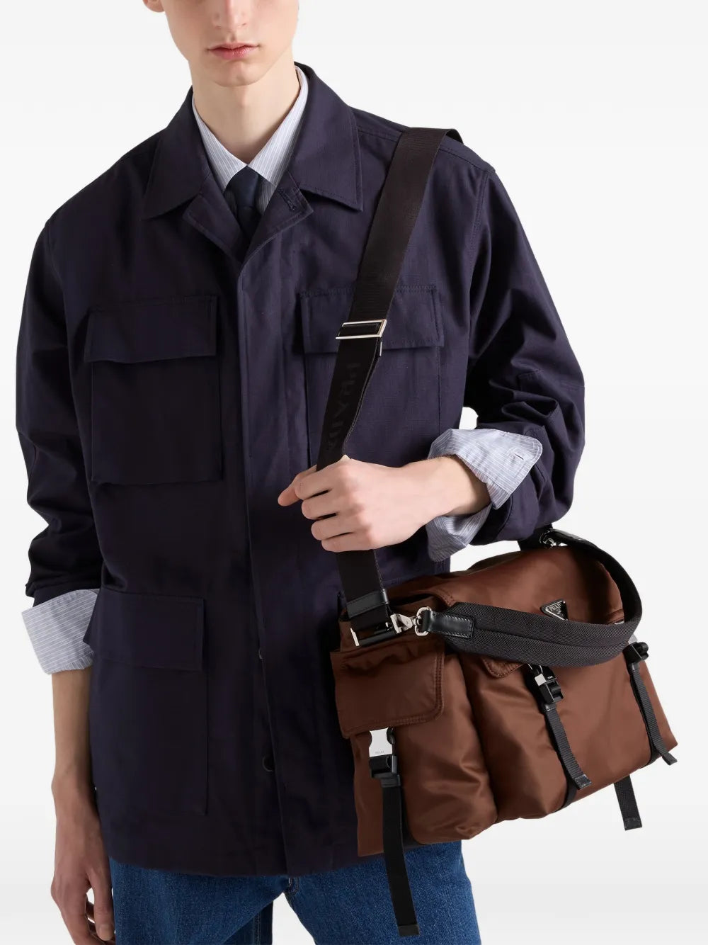 Prada Explore Re-Nylon and Leather Bag in Brown, side — The Quiet Edition