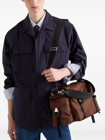 Prada Explore Re-Nylon and Leather Bag in Brown, side — The Quiet Edition