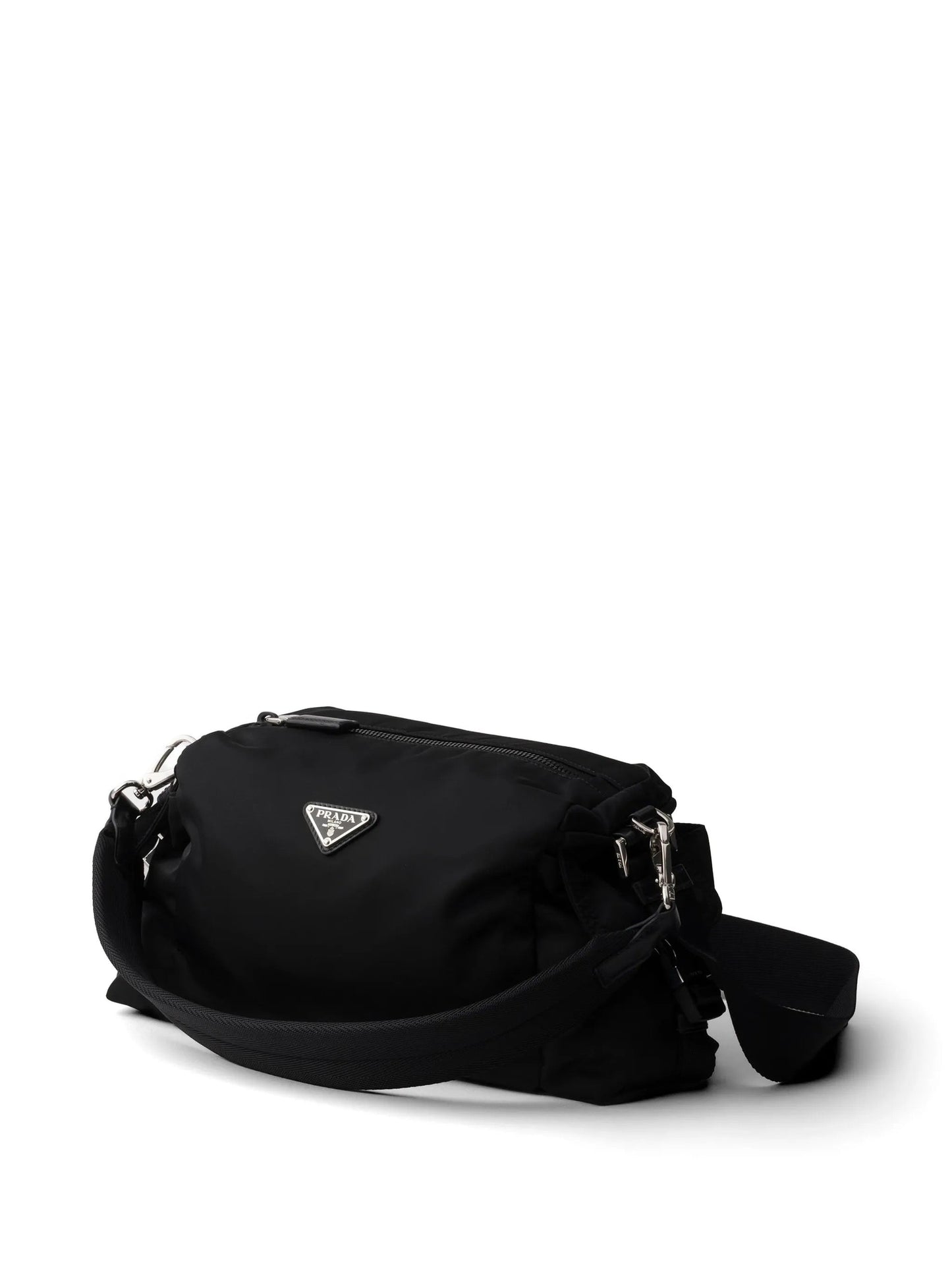 Prada Explore Re-Nylon hobo bag in black, angle view — The Quiet Edition