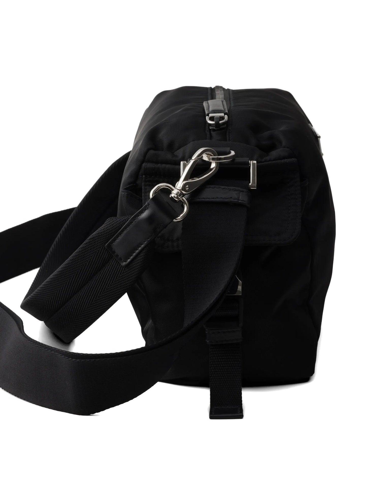 Prada Explore Re-Nylon hobo bag in black, side pocket detail — The Quiet Edition