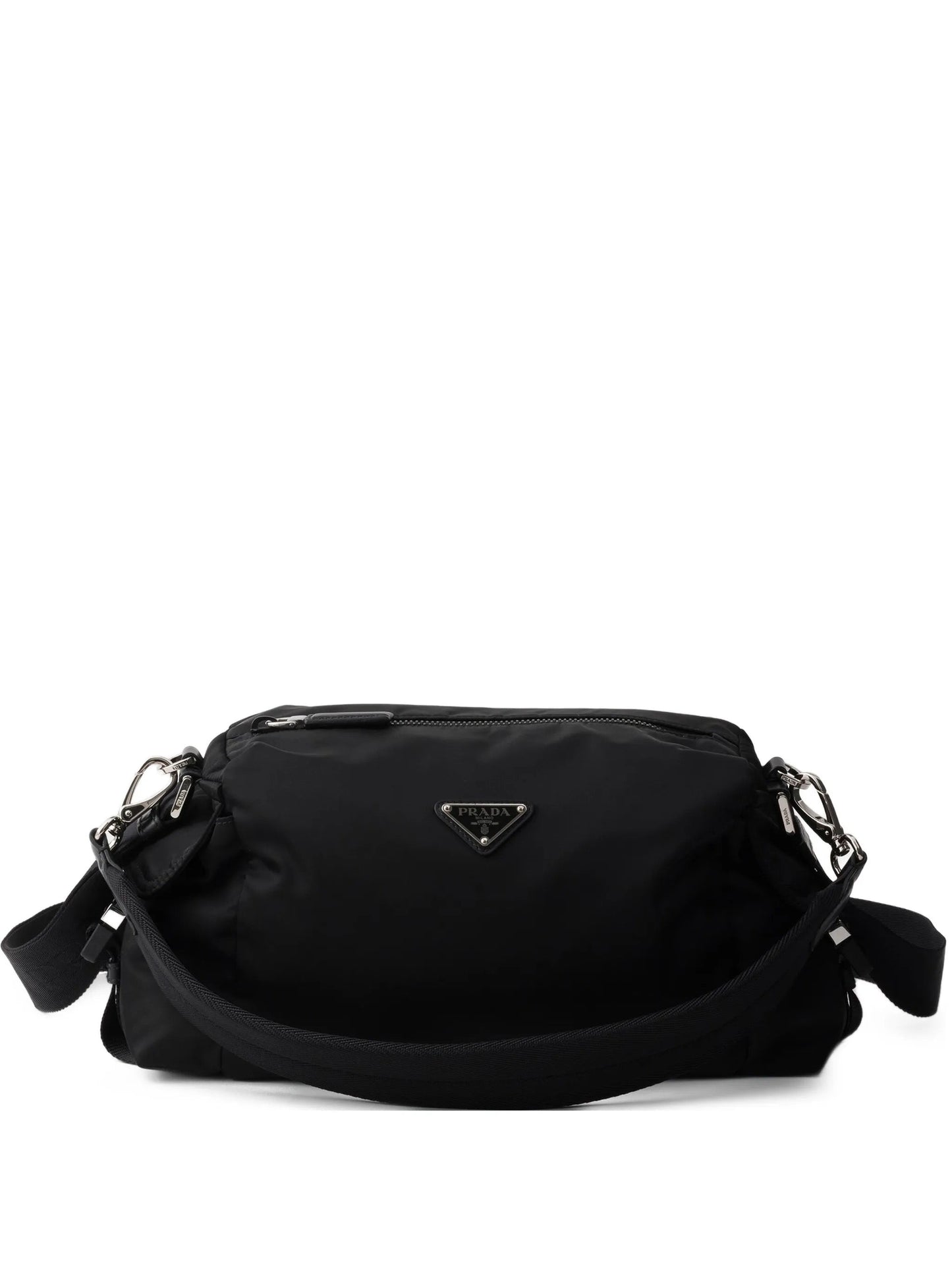 Prada Explore Re-Nylon hobo bag in black, front view with triangle logo — The Quiet Edition