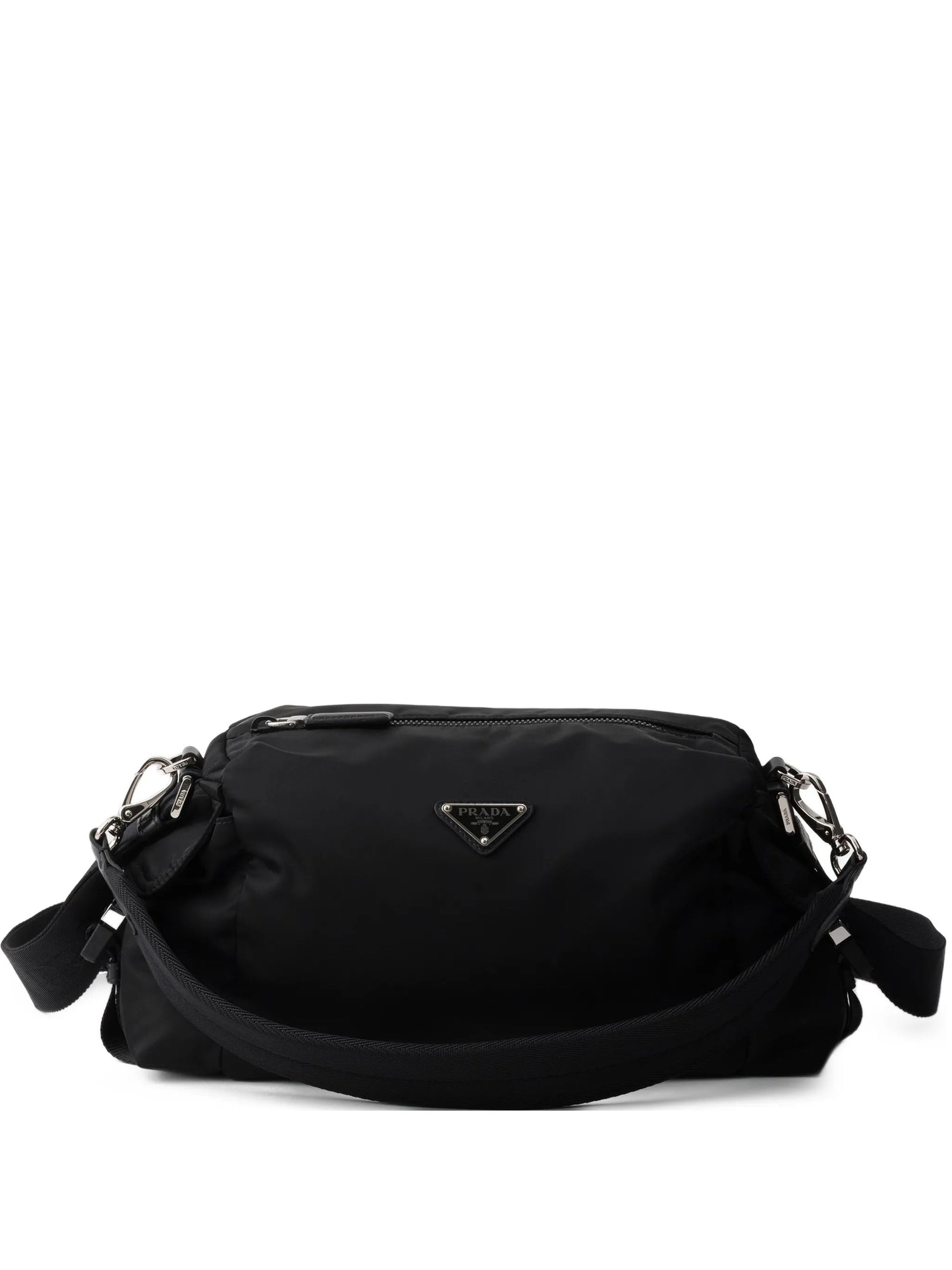 Prada Explore Re-Nylon hobo bag in black, front view with triangle logo — The Quiet Edition