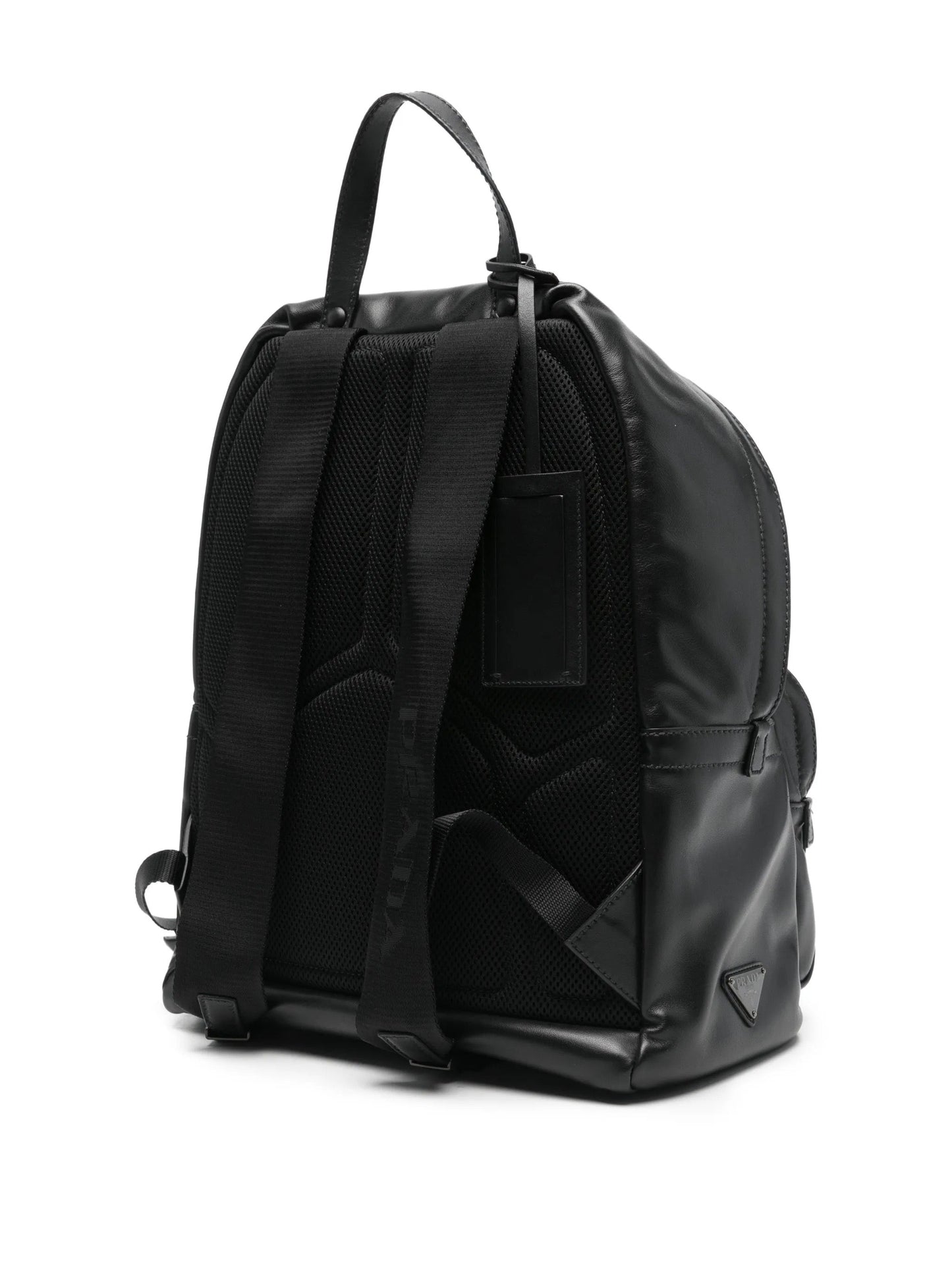 Prada leather backpack in black, back view with padded straps and mesh panel — The Quiet Edition