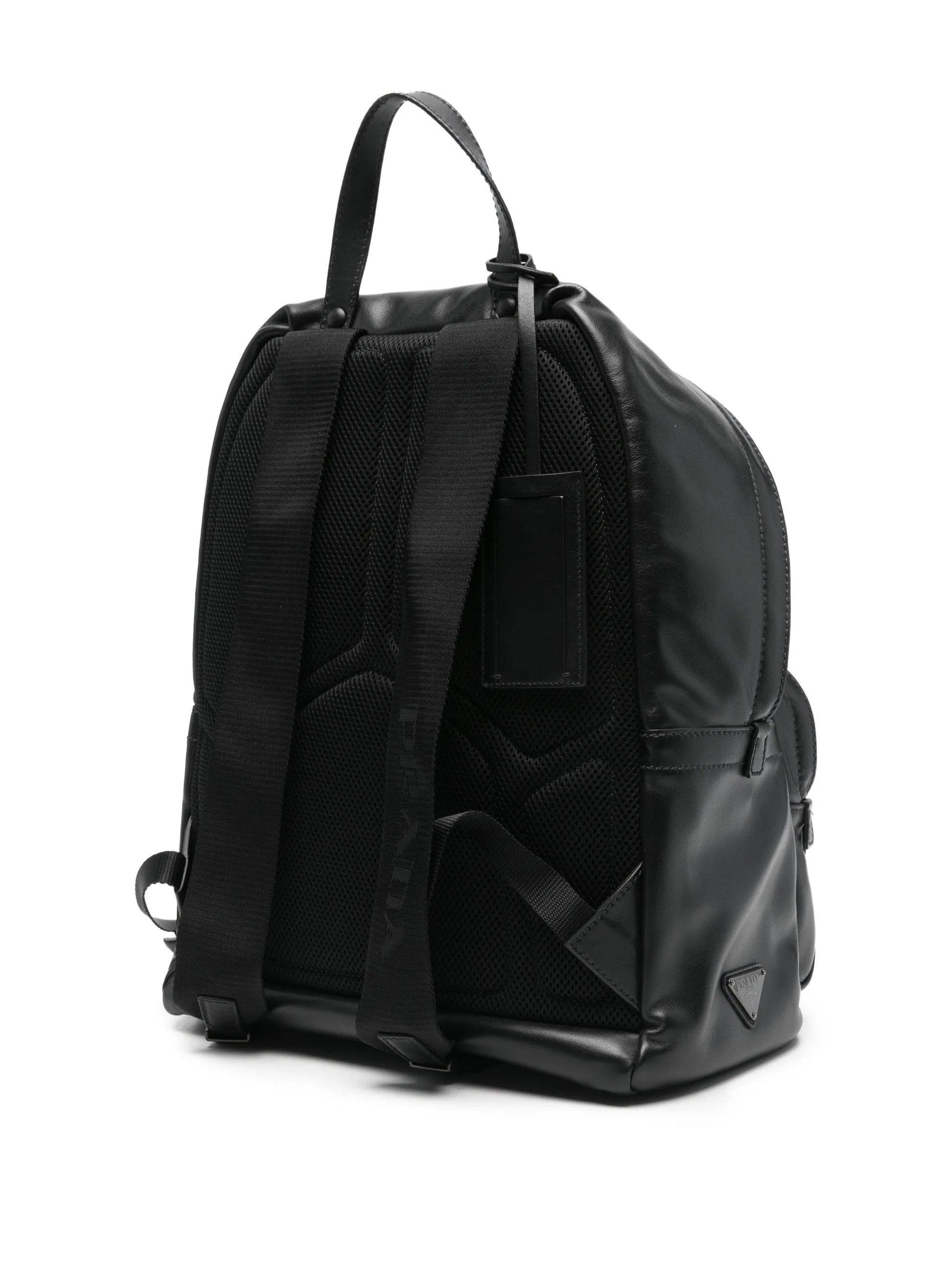 Prada leather backpack in black, back view with padded straps and mesh panel — The Quiet Edition