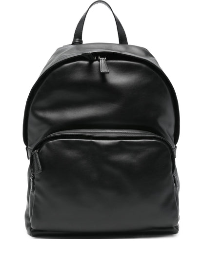 Prada leather backpack in black, front view — The Quiet Edition