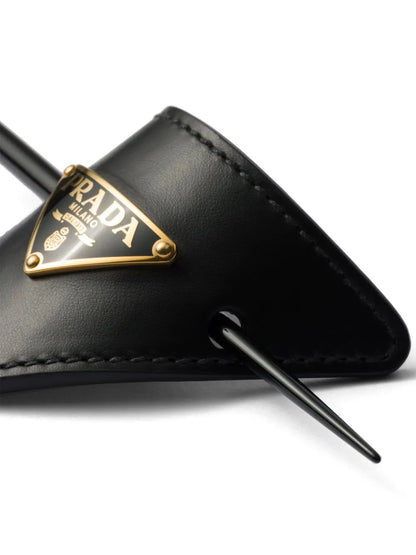 Prada Leather Hair Clip in Black, side — The Quiet Edition