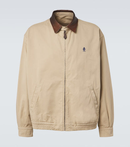 Prada Leather-Trimmed Cotton Blouson Jacket in beige, front view — The Quiet Edition