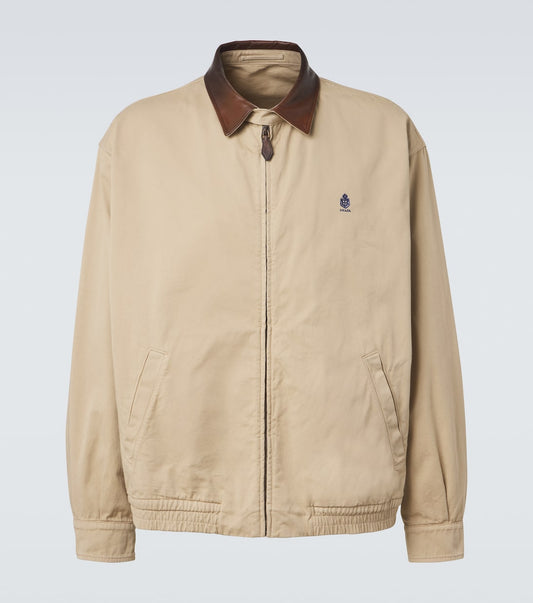 Prada Leather-Trimmed Cotton Blouson Jacket in beige, front view — The Quiet Edition