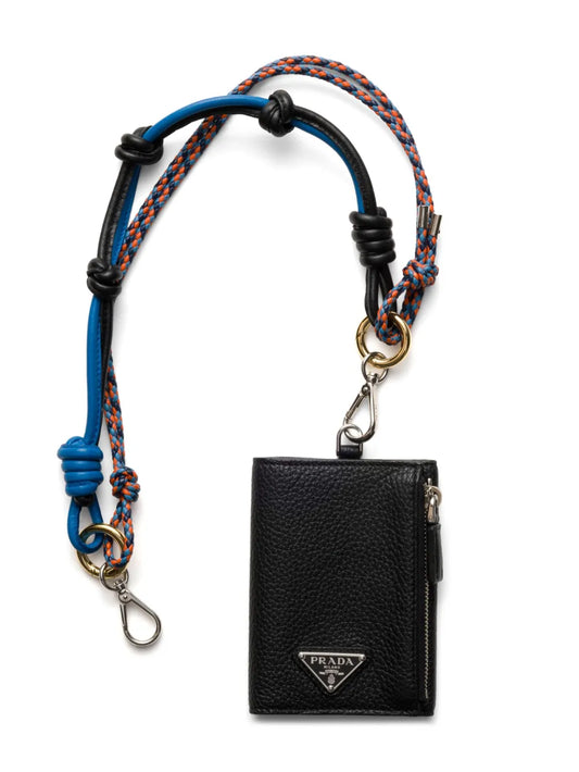 Prada Logo Leather Card Holder in Black, front — The Quiet Edition