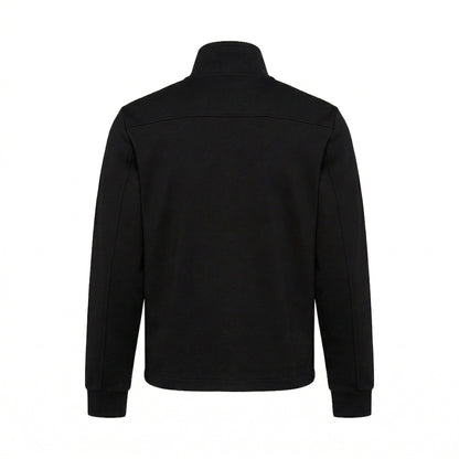 Prada logo patch zip cardigan in black, back view — The Quiet Edition