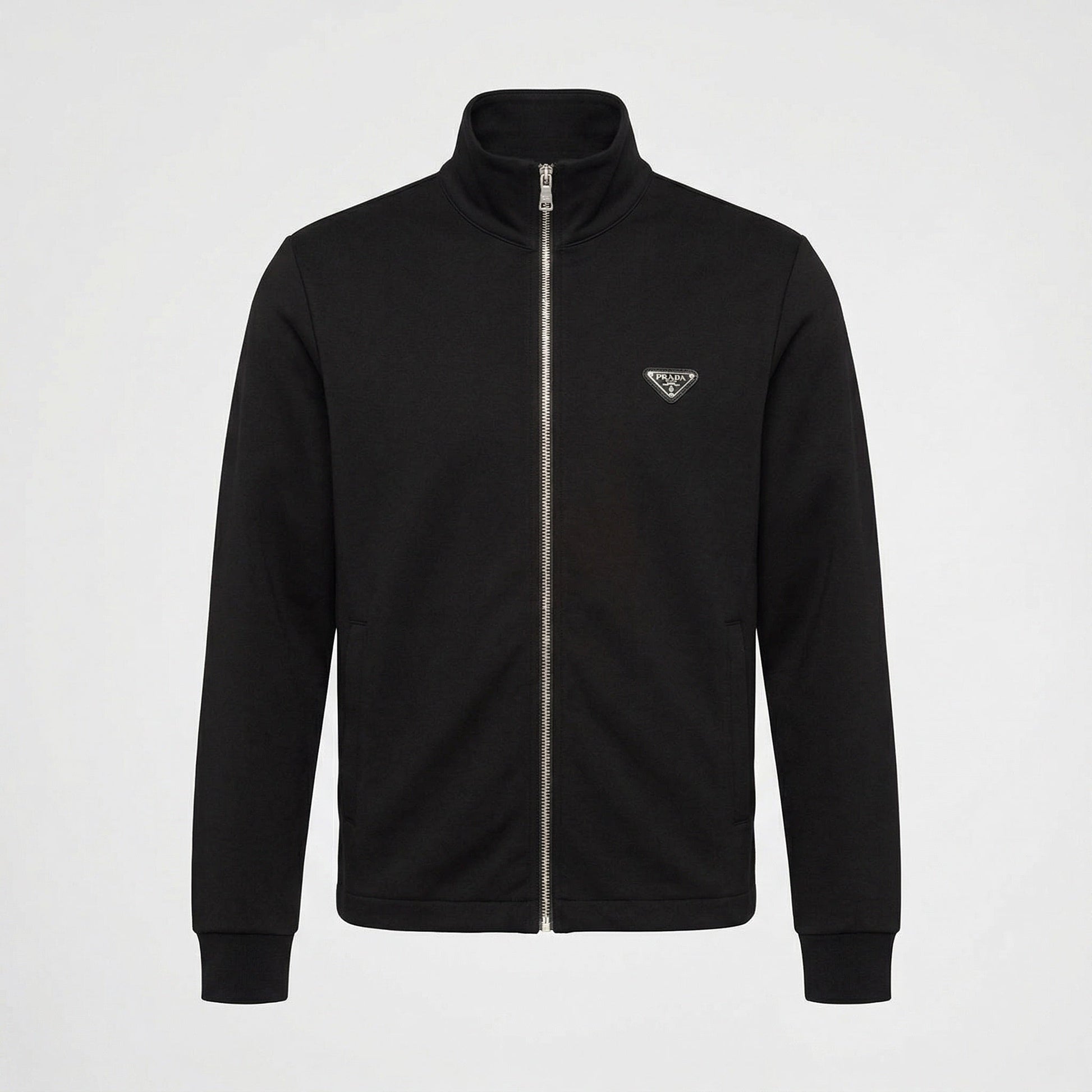 Prada logo patch zip cardigan in black, front view — The Quiet Edition