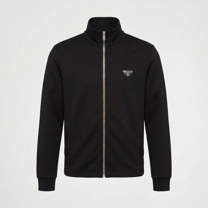 Prada logo patch zip cardigan in black, front view — The Quiet Edition