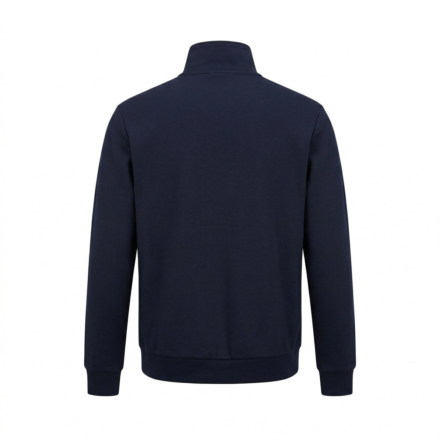 Prada logo patch zip cardigan in navy, back view — The Quiet Edition
