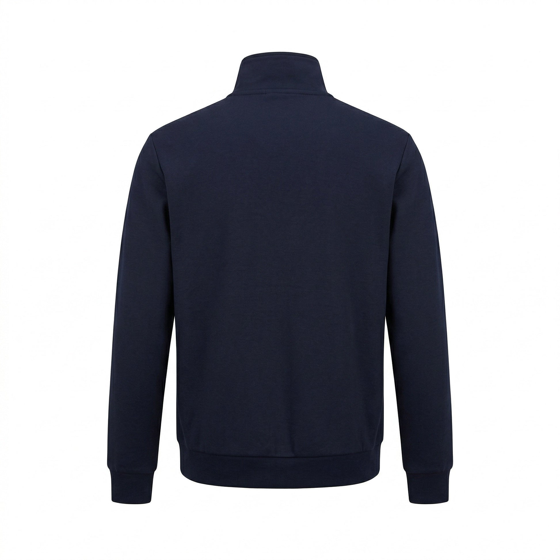 Prada logo patch zip cardigan in navy, back view — The Quiet Edition