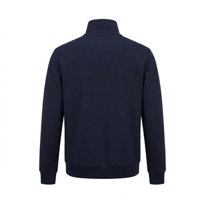 Prada logo patch zip cardigan in navy, back view — The Quiet Edition