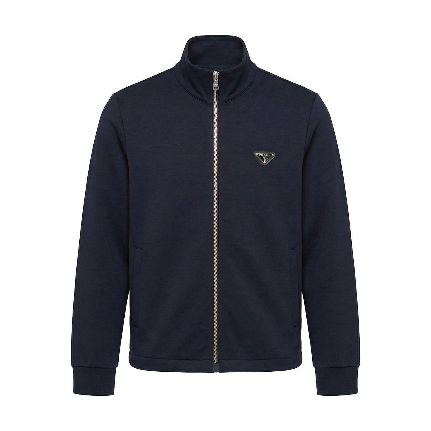 Prada logo patch zip cardigan in navy, front view — The Quiet Edition
