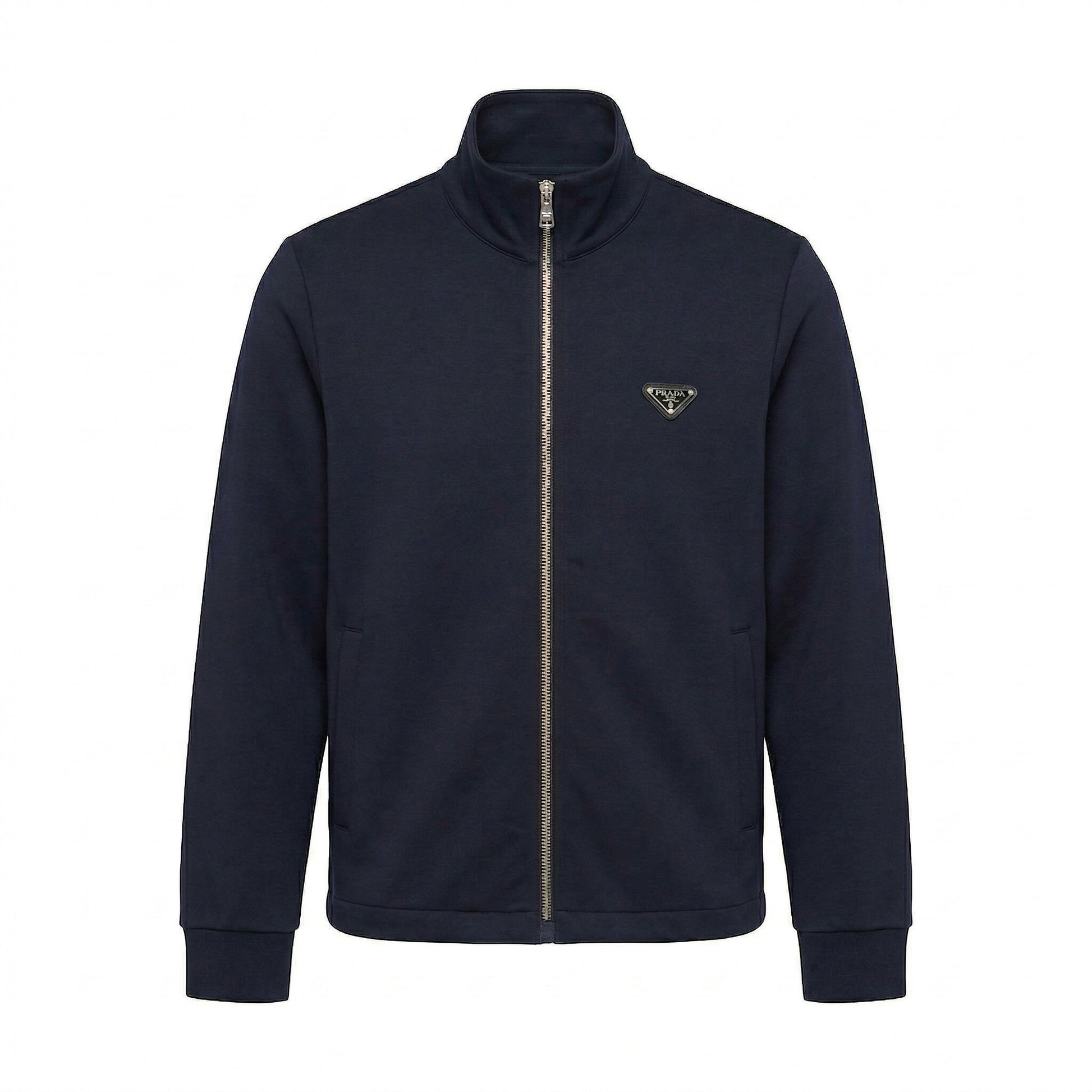 Prada logo patch zip cardigan in navy, front view — The Quiet Edition