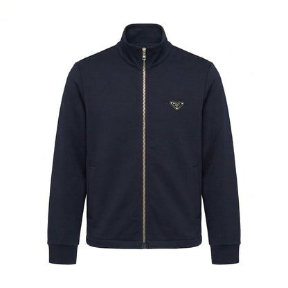 Prada logo patch zip cardigan in navy, front view — The Quiet Edition