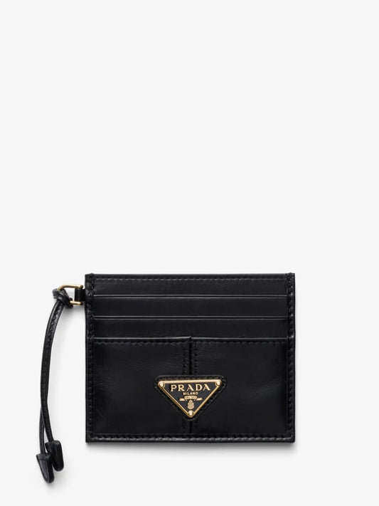 Prada Logo-Plaque Leather Card Holder in Black, front — The Quiet Edition