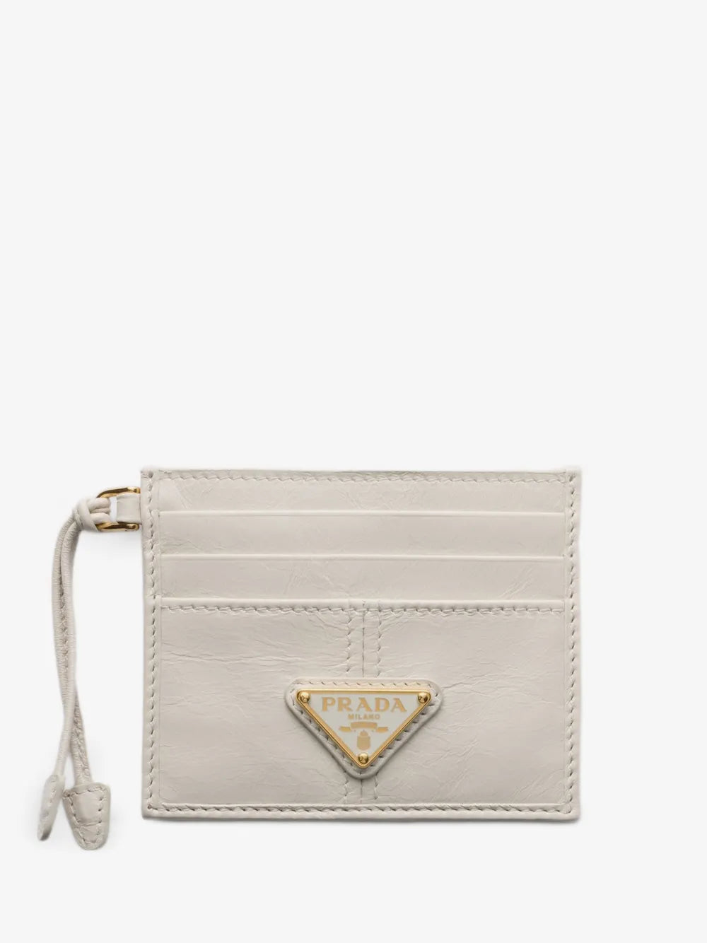 Prada Logo-Plaque Leather Card Holder in White, front — The Quiet Edition
