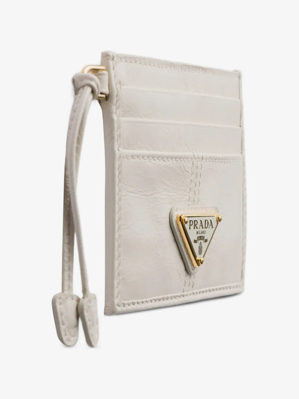 Prada Logo-Plaque Leather Card Holder in White, side — The Quiet Edition