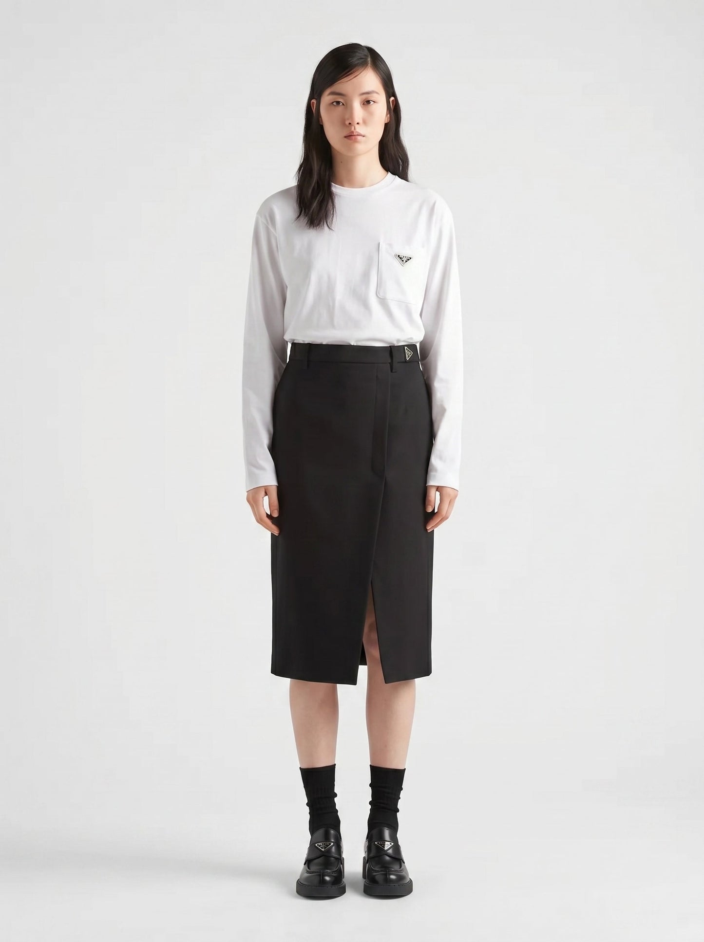 Prada logo pocket long sleeve t-shirt, model front — The Quiet Edition