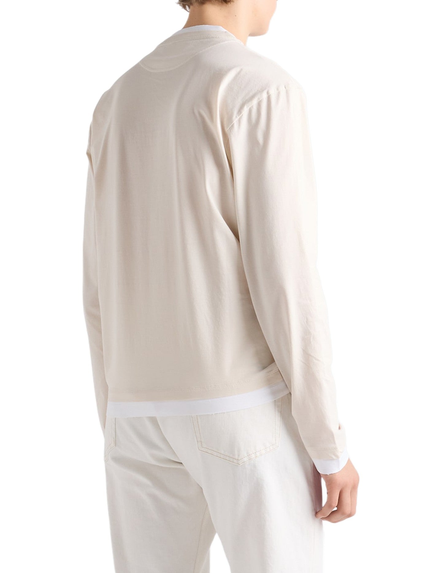 Prada Long-Sleeved Cotton T-Shirt in beige, back view on a male model with white hem trim showing