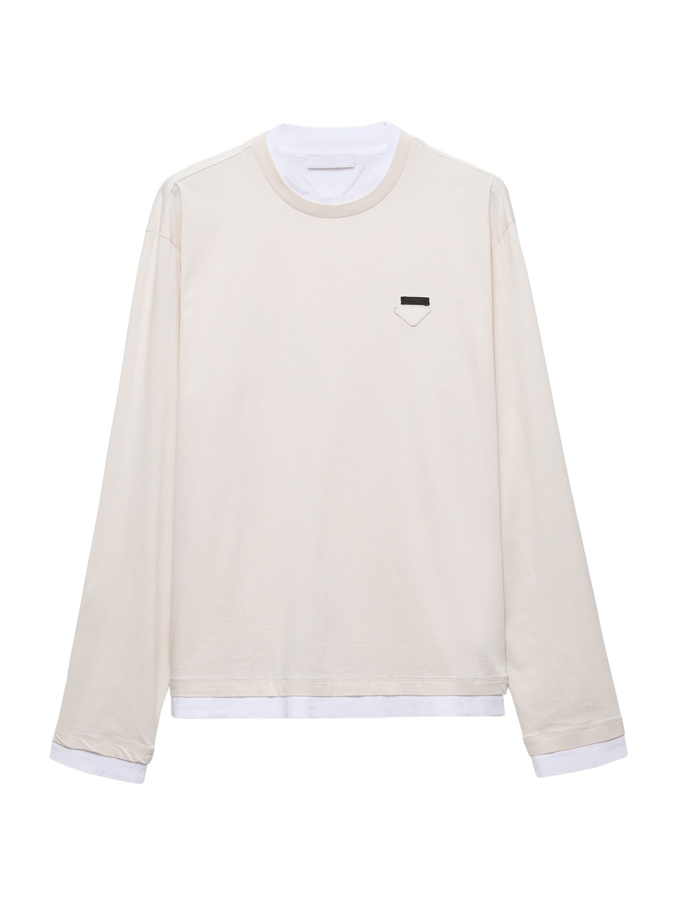 Prada Long-Sleeved Cotton T-Shirt in beige, flat front view with contrast white trim at collar and hem