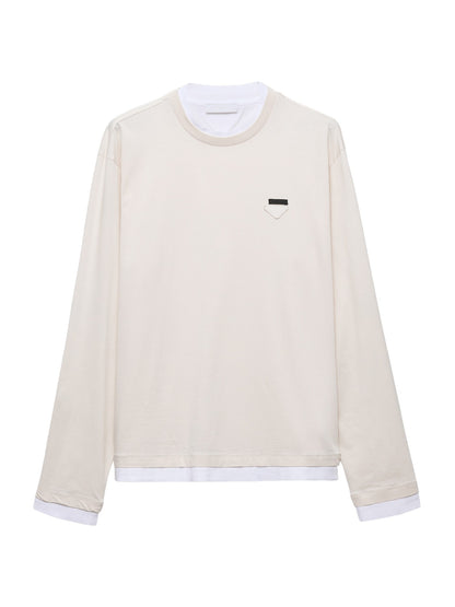 Prada Long-Sleeved Cotton T-Shirt in beige, flat front view with contrast white trim at collar and hem