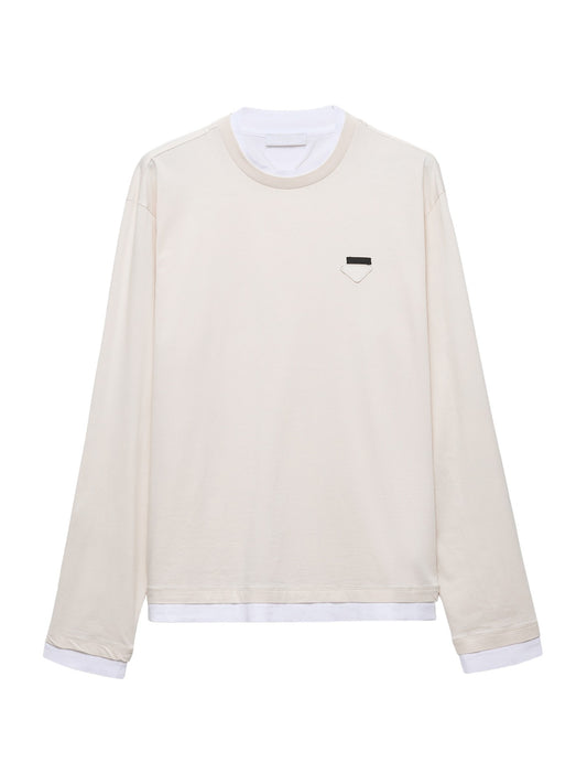 Prada Long-Sleeved Cotton T-Shirt in beige, flat front view with contrast white trim at collar and hem